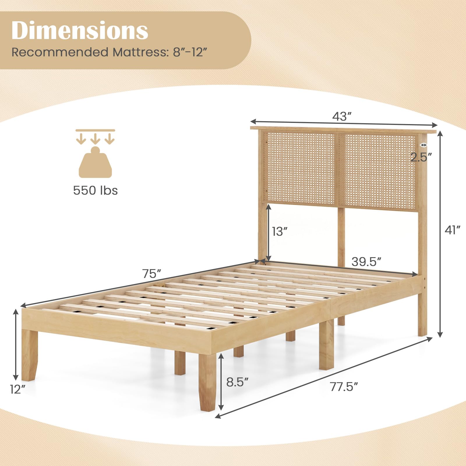 KOMFOTT Rattan Bed Frame with Rattan Headboard, Boho Solid Wood Platform Bed with Wooden Slats