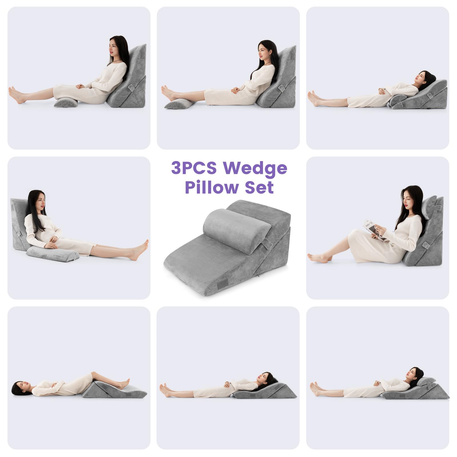 KOMFOTT 3PCS Orthopedic Bed Wedge Pillow Set, Adjustable Support Pillows for Back, Neck and Leg