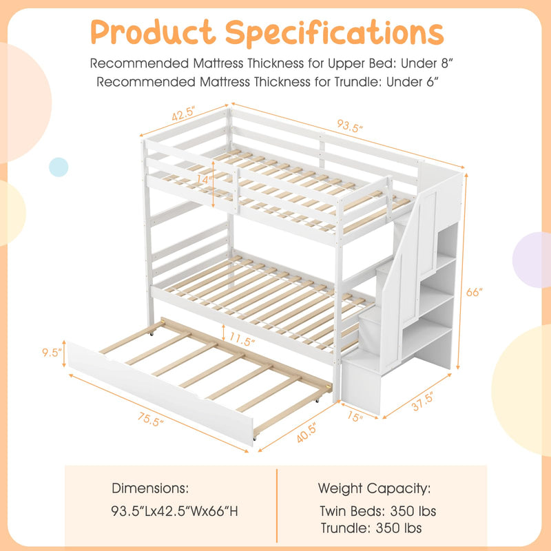 KOMFOTT Wood Twin Over Twin Bunk Bed with Trundle & Storage Stairs, Convertible to 2 Separated Beds