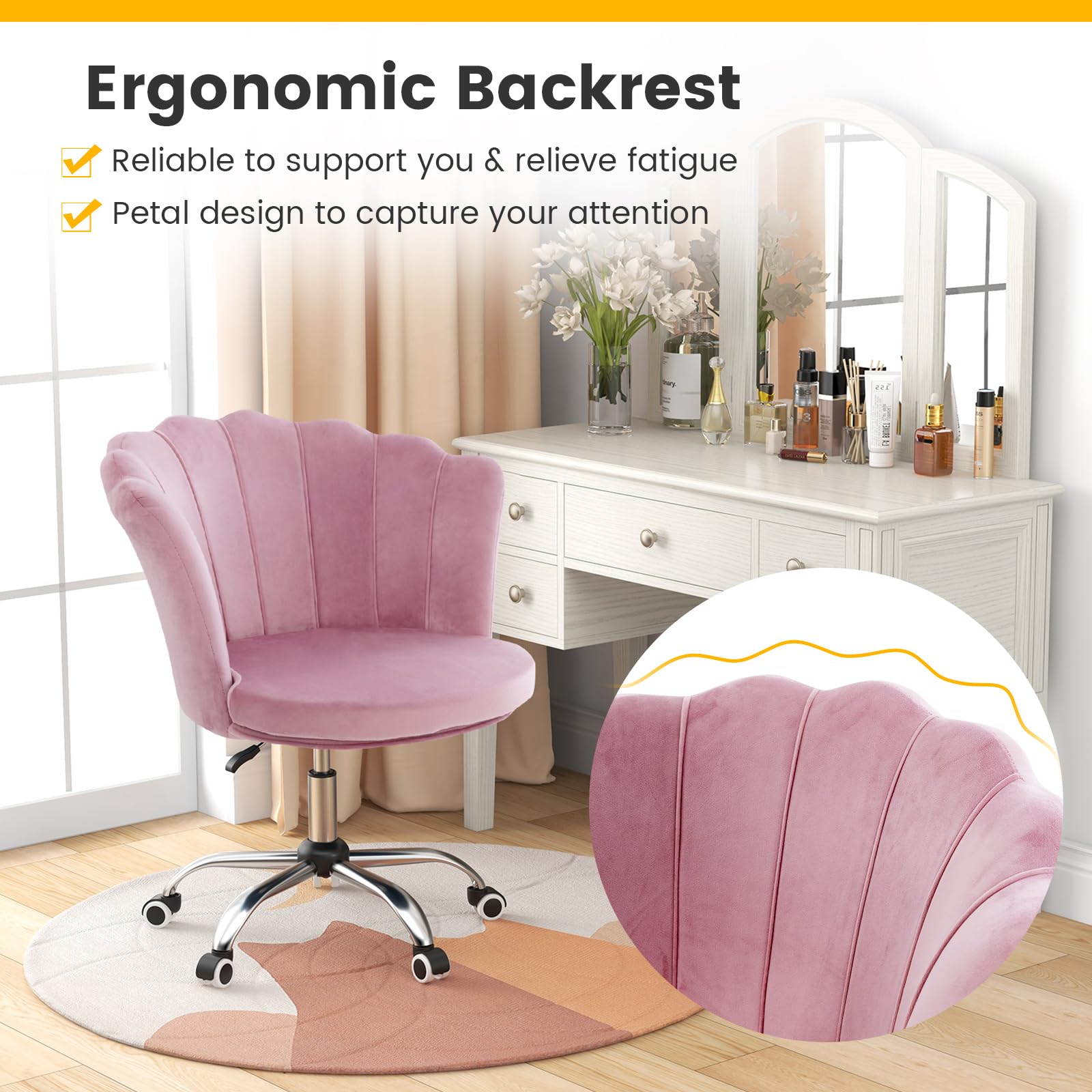 KOMFOTT Velvet Office Desk Chair Pink, Modern Vanity Chair with Seashell Back