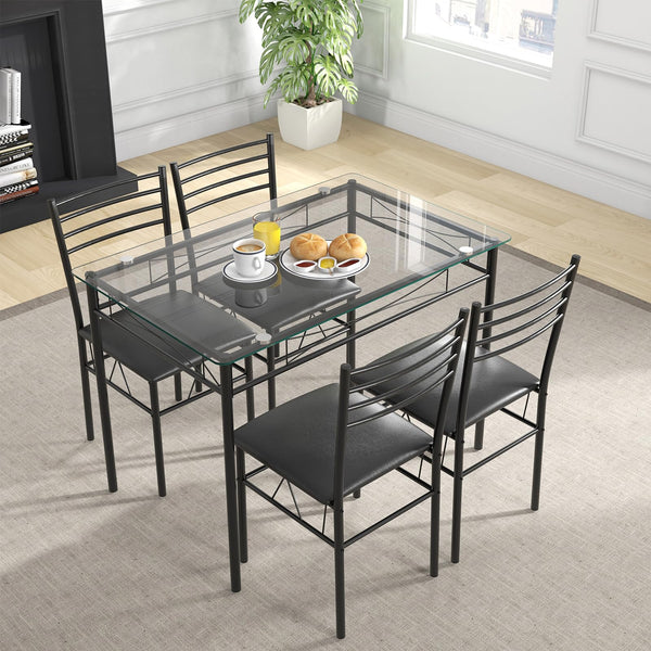 KOMFOTT 5 Piece Dining Table Set, Kitchen Dining Set with Tempered Glass Table Top and 4 Upholstered Chairs