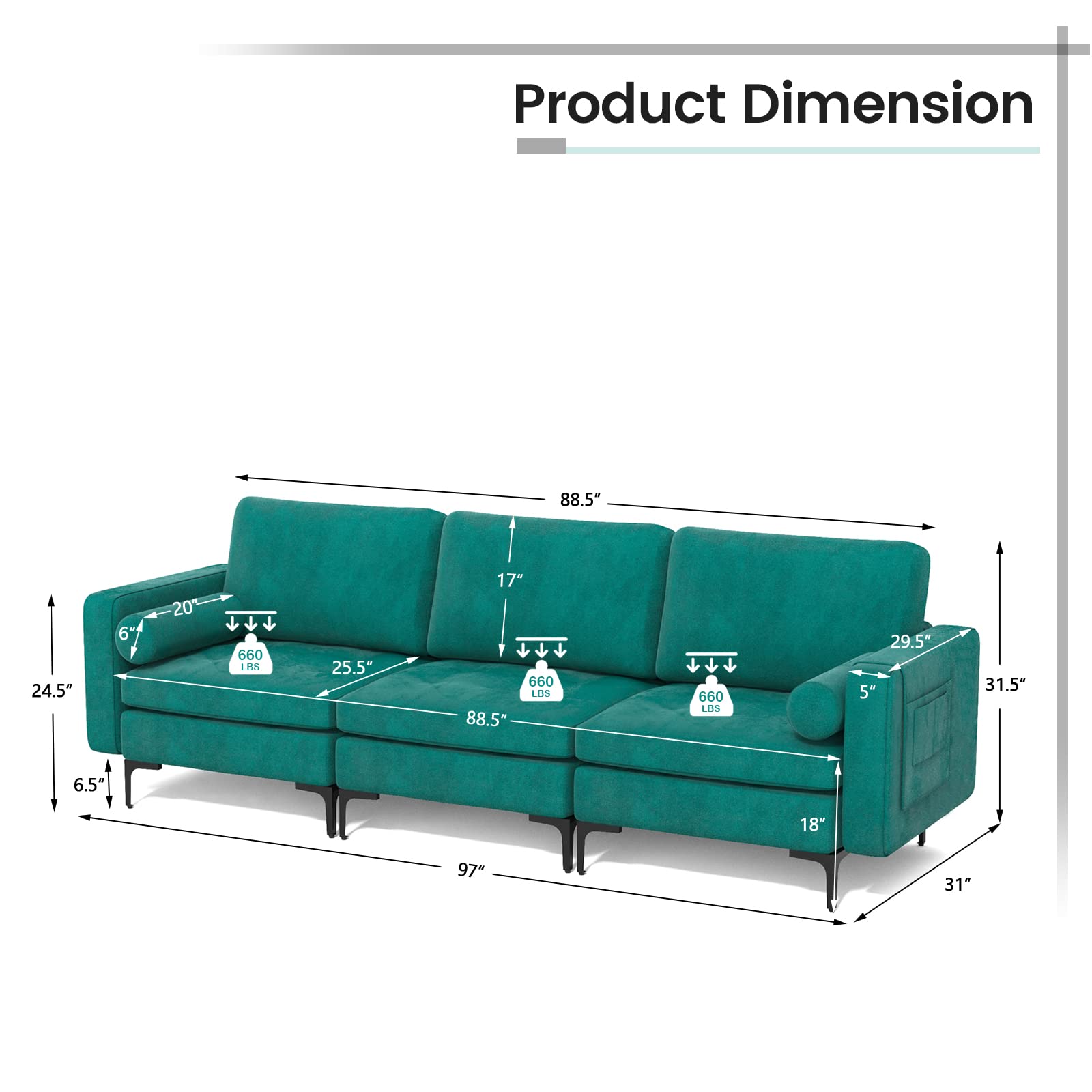 KOMFOTT Modern Accent Sofa w/Comfy Cushion Bolster for Bedroom Reception Room