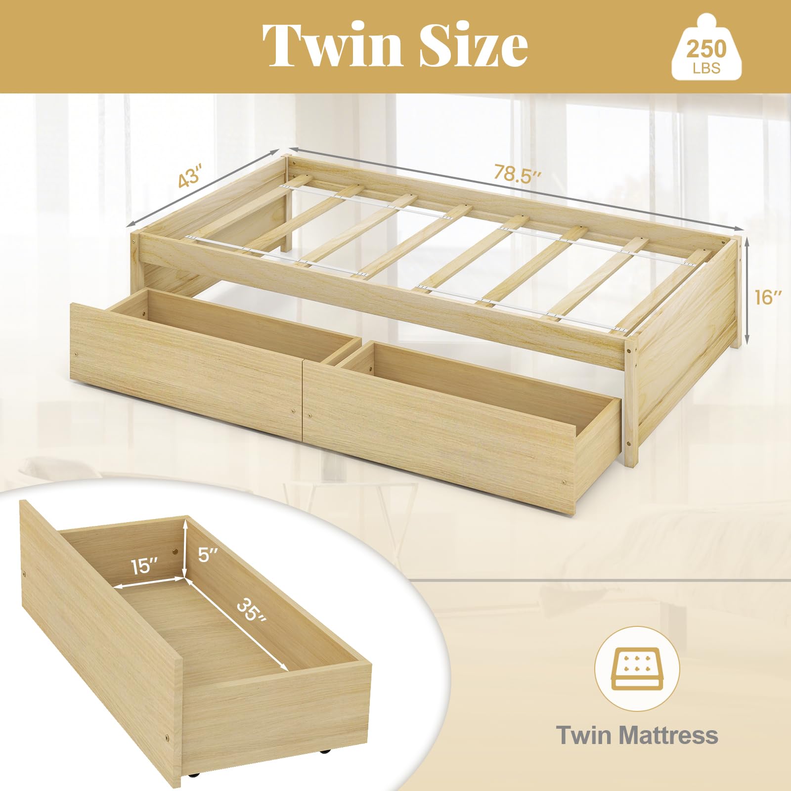 KOMFOTT Twin Bed Frame with 2 Storage Drawers, Solid Wood Platform Bed with Slats Support