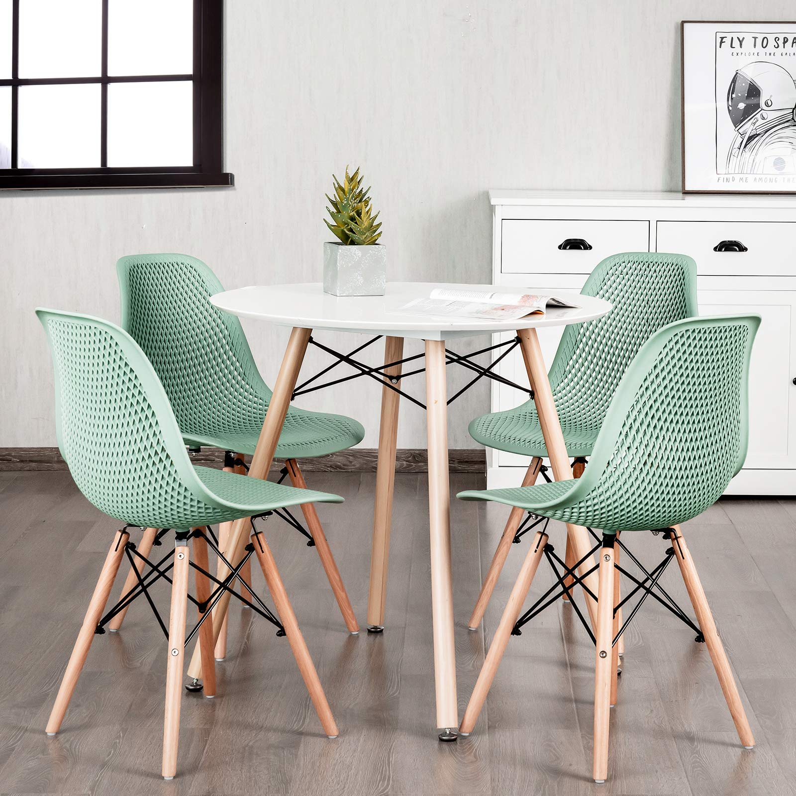 KOMFOTT Set of 4 Modern Dining Chairs, Outdoor Indoor Shell PP Lounge Side Chairs with Mesh Design, Beech Wood Legs