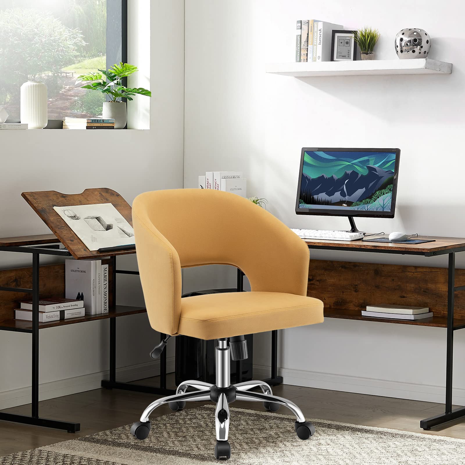 KOMFOTT Home Office Desk Chair, Comfy Upholstered Chair with Hollow Design & Height Adjustable