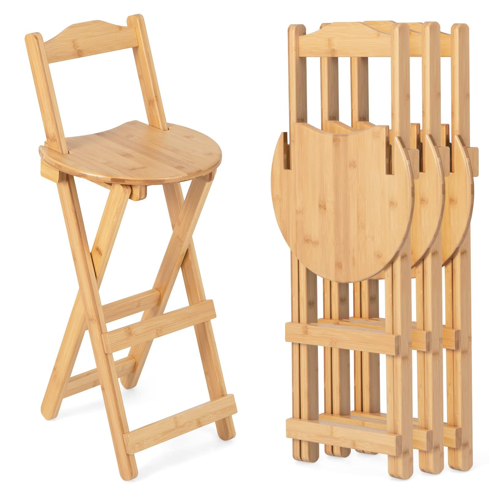 KOMFOTT Folding Bamboo Bar Stools Set of 2/4, 24-inch Kitchen Counter Height Stools with Backrest and Footrest