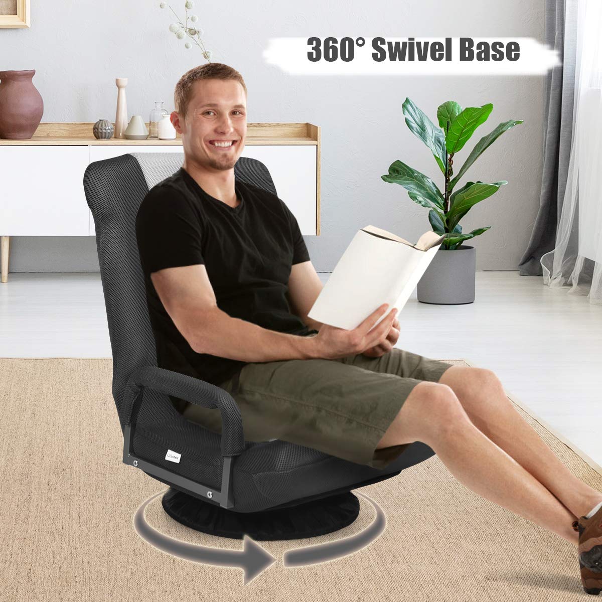 KOMFOTT 360-Degree Foldable Swivel Gaming Floor Chair With 6 Adjustable Position, Armrests, Padded Backrest