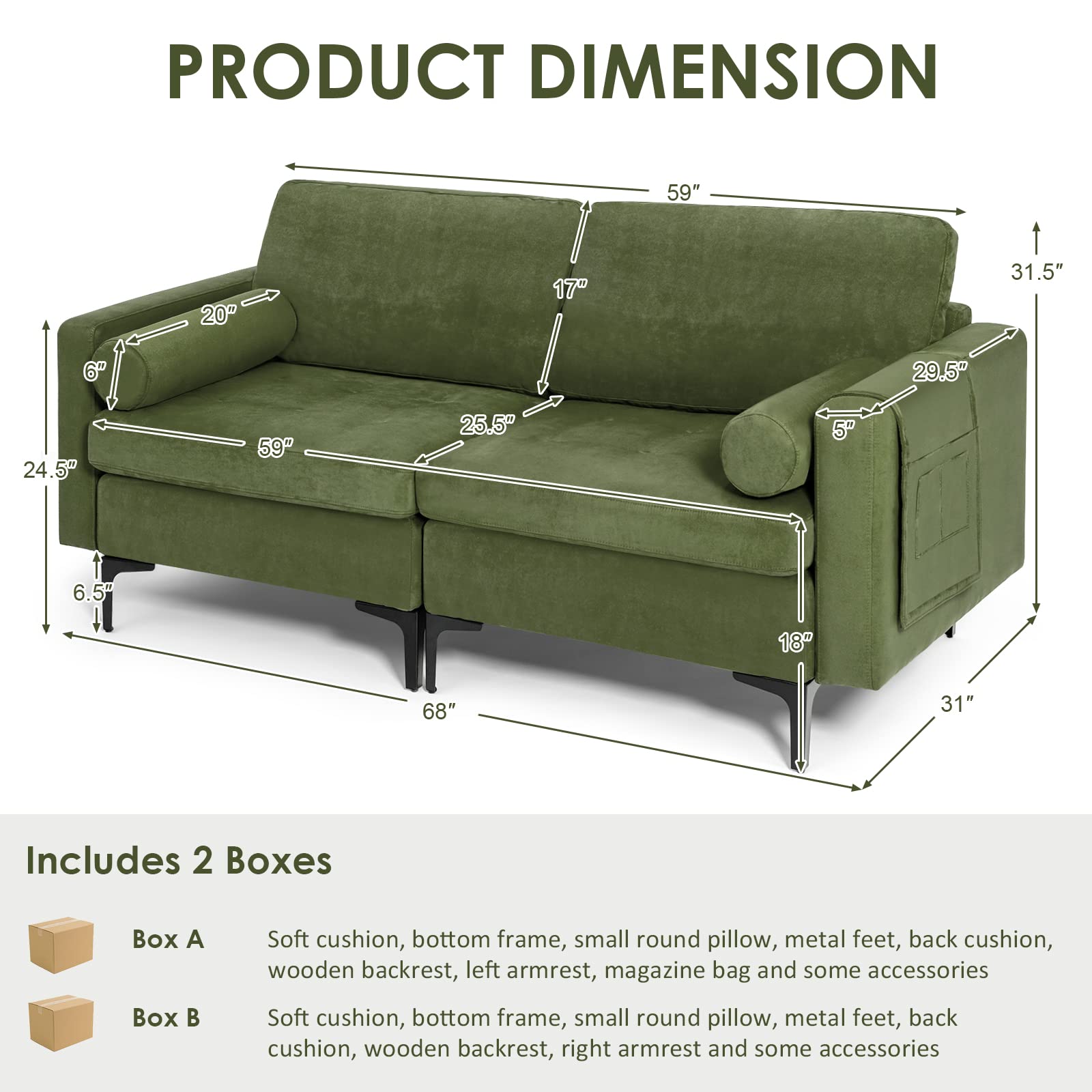 KOMFOTT Modern Accent Sofa w/Comfy Cushion Bolster for Bedroom Reception Room