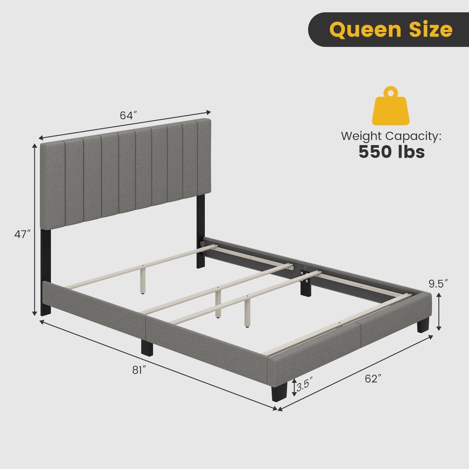 KOMFOTT Queen Size Upholstered Bed Frame with Vertical Channel Tufted Headboard