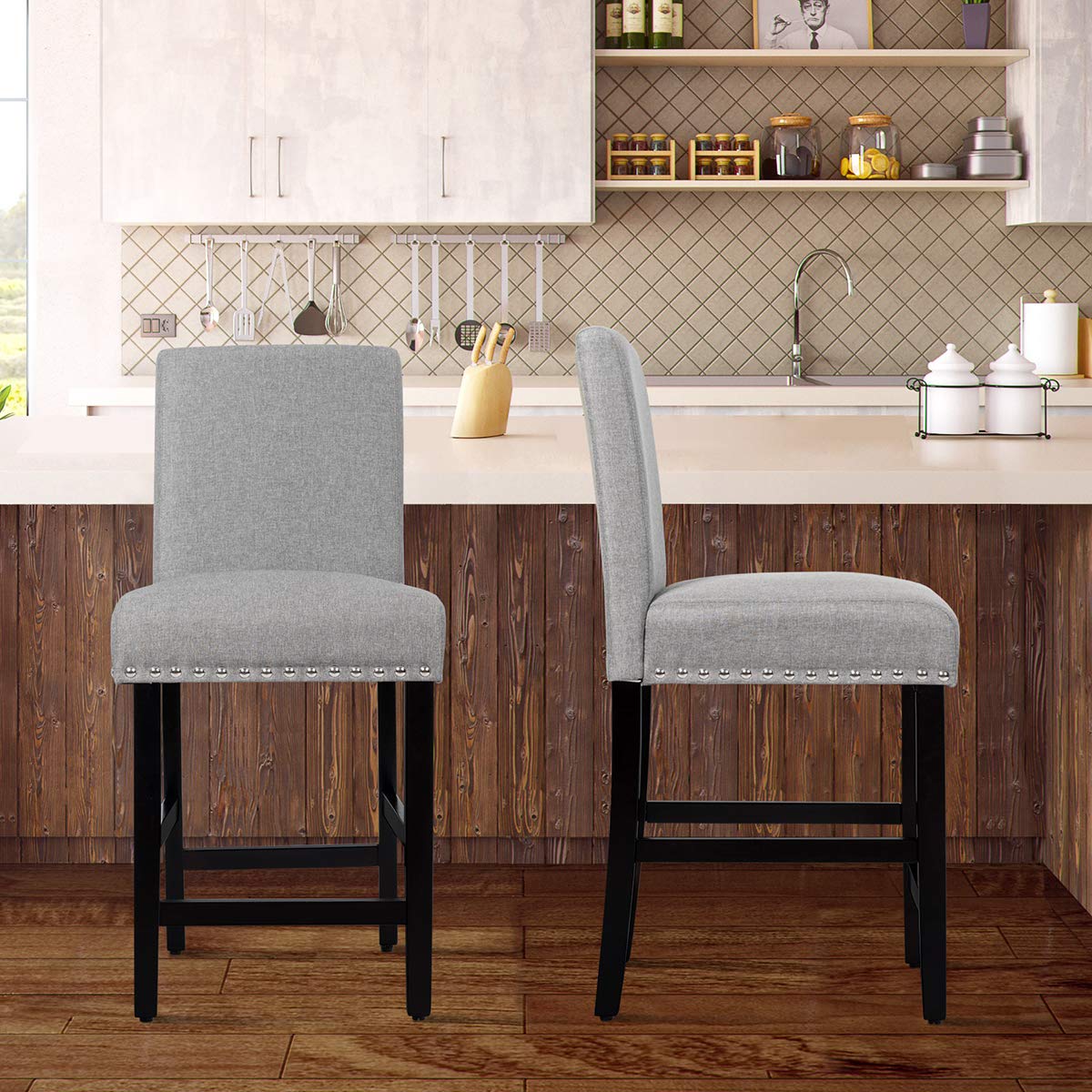 KOMFOTT Bar Stools Set of 2/4, 25'' Counter Height Upholstered Bar Chairs w/ Rubber Wood Legs, Breathable Linen Fabric, Padded Seat & Backrest