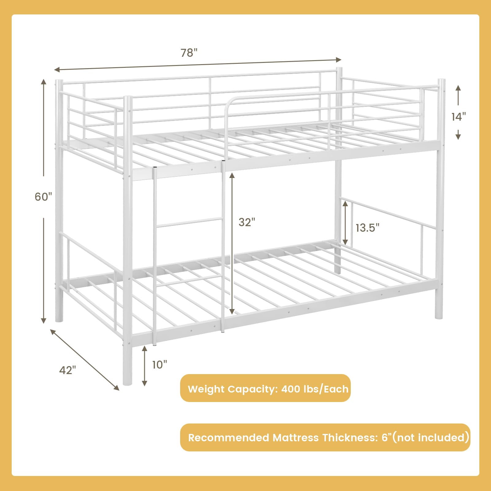 KOMFOTT Metal Twin Over Twin Bunk Bed with Ladder & Full-Length Guardrails