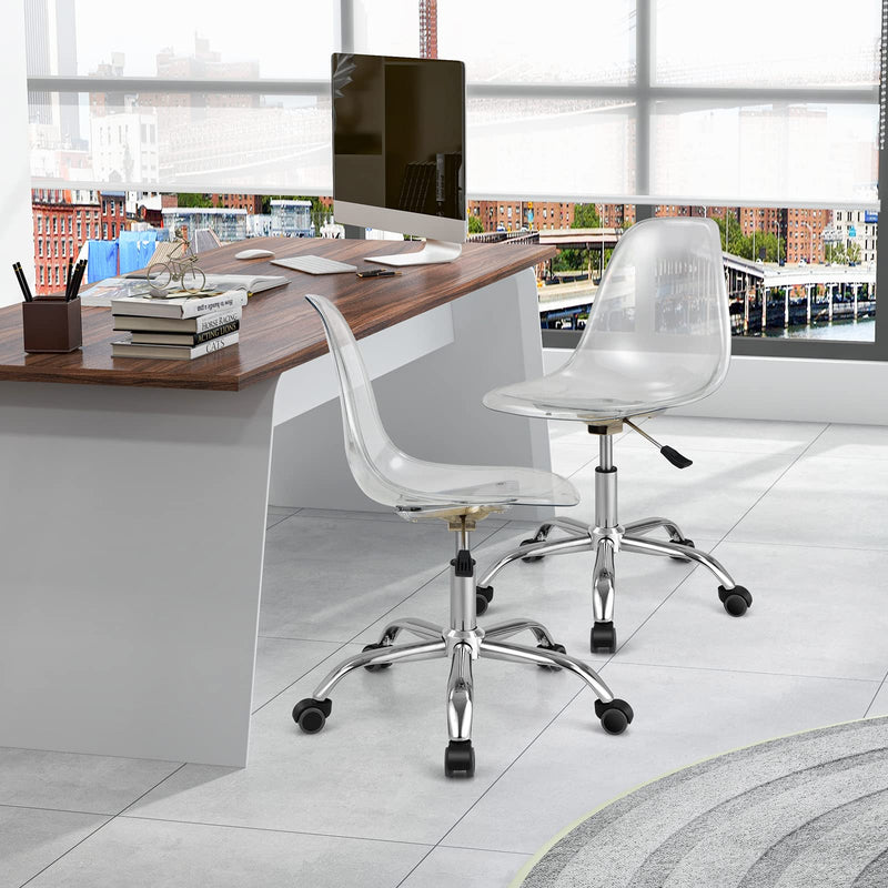 KOMFOTT Acrylic Clear Desk Chair, Armless Swivel Vanity Ghost Plastic Chair with Sturdy Metal Base & Smooth Wheels