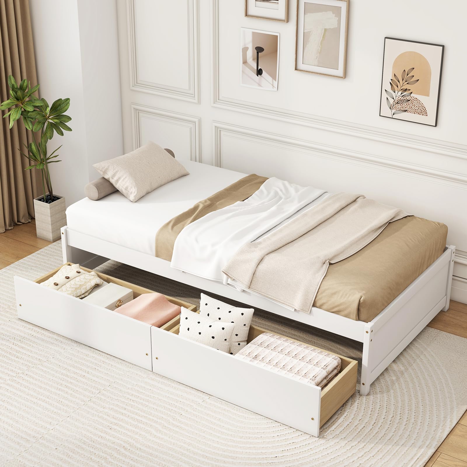 KOMFOTT Twin Bed Frame with 2 Storage Drawers, Solid Wood Platform Bed with Slats Support