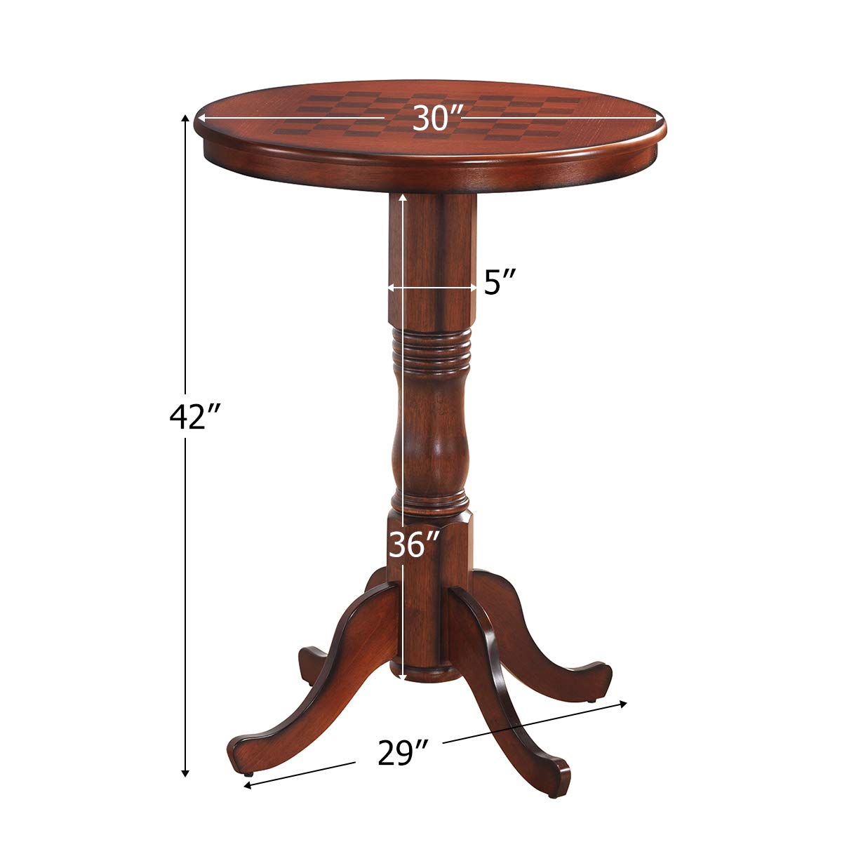 KOMFOTT Round Dining Table, Wooden Pub Pedestal Side Table W/Chessboard, Adjustable Foot Pads