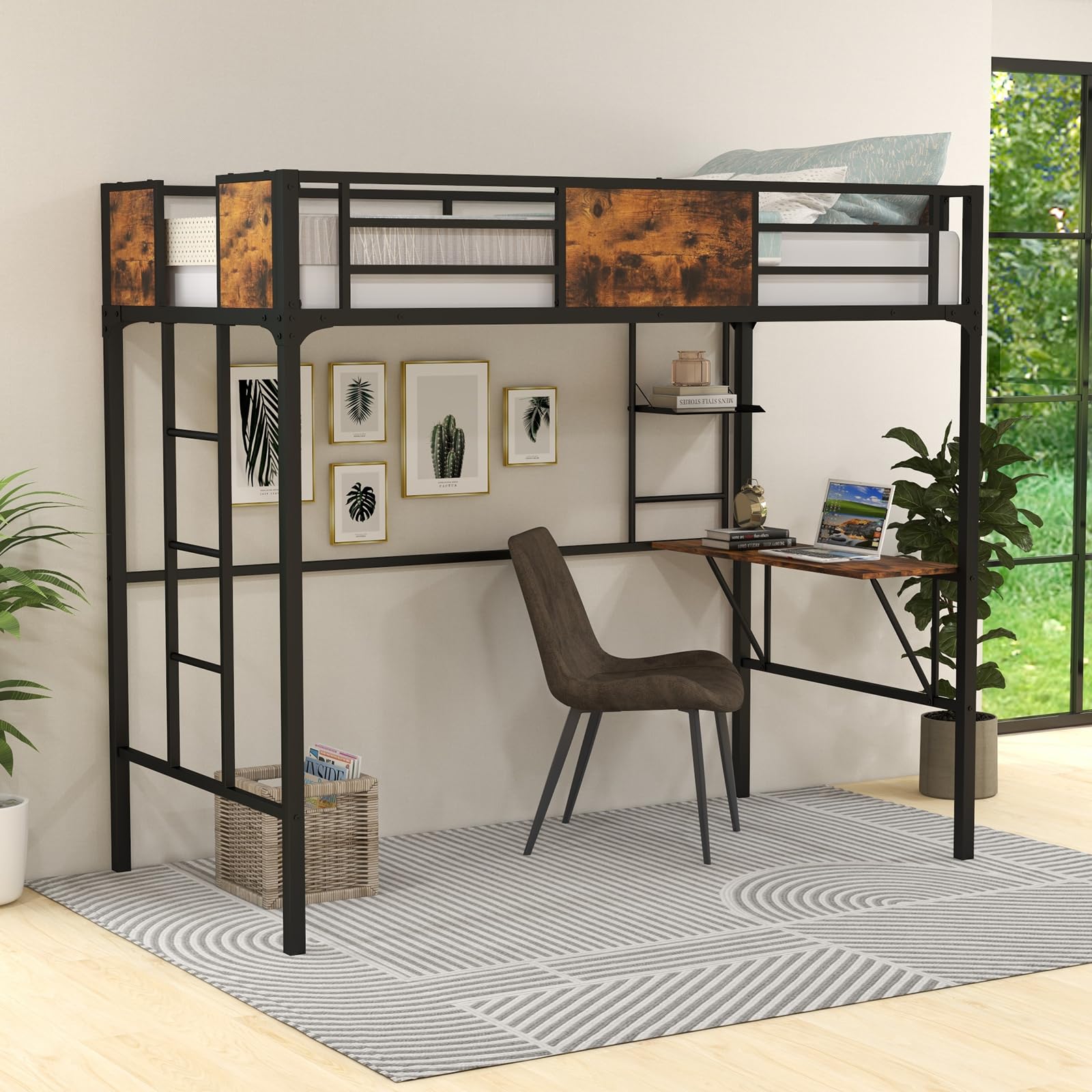 KOMFOTT Metal Twin Loft Bed with Desk and Storage Shelf