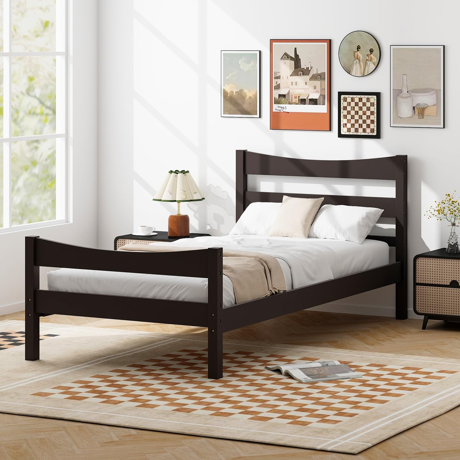 KOMFOTT Twin Size Wood Bed Frame, Rustic Style Platform Bed w/Headboard & Footboard