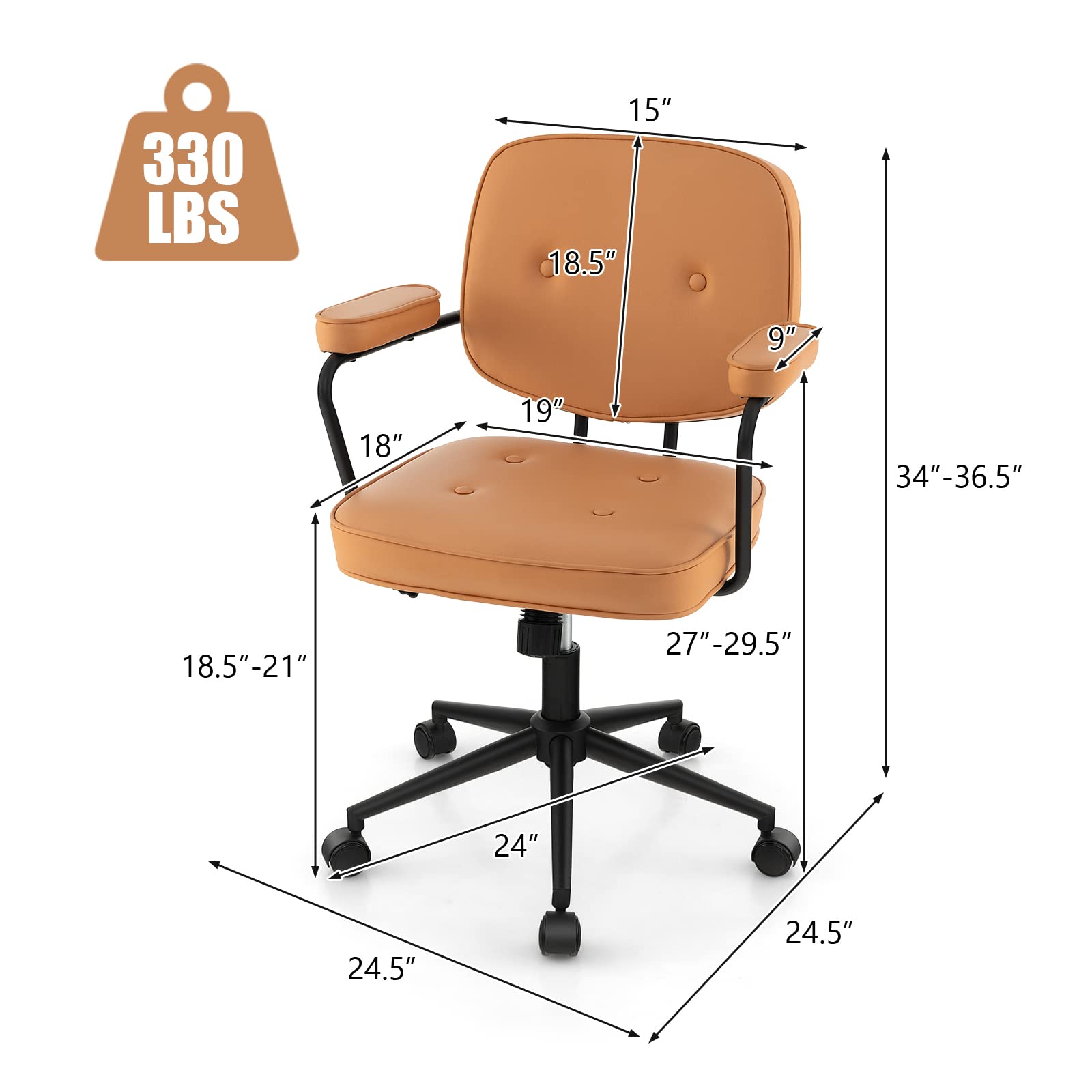 KOMFOTT Mid Century Leather Office Chair Orange, Height Adjustable Desk Chair with Rocking Backrest & Padded Armrest