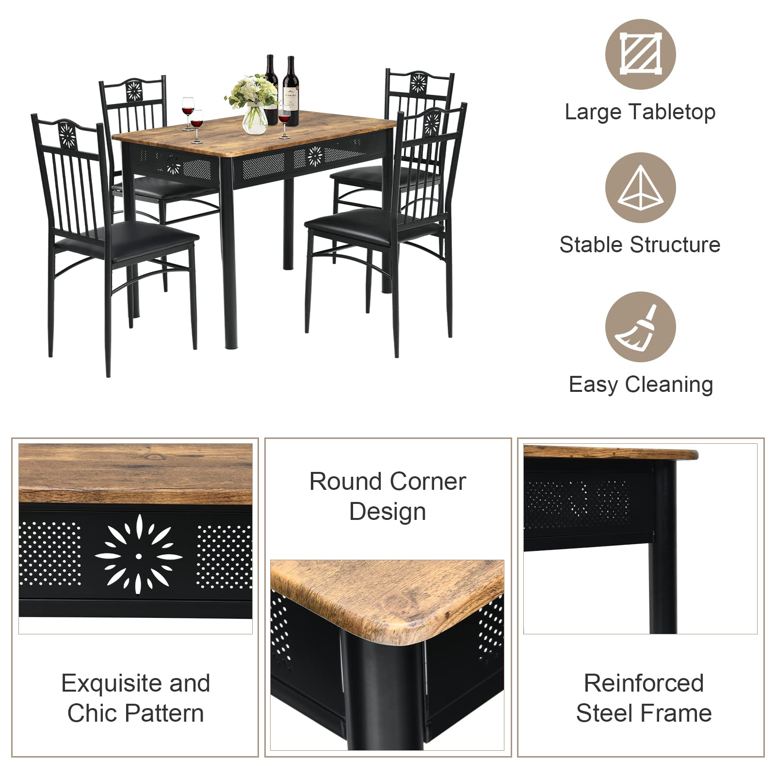 KOMFOTT 5 Piece Dining Table and Chairs Set, Vintage Retro Wood Top Metal Frame Padded Seat