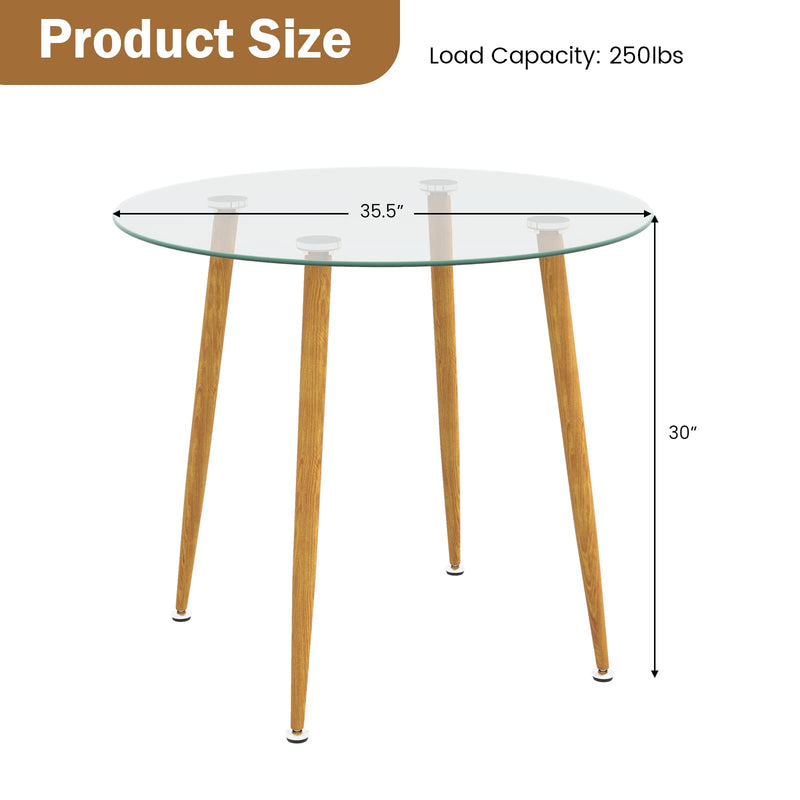 KOMFOTT Round Glass Dining Table, 35.5" D x 30" H Kitchen Dinner Table w/Tempered Glass Tabletop & Metal Legs