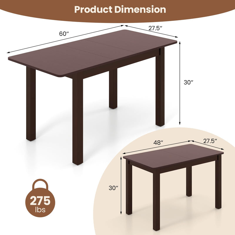 KOMFOTT Extendable Dining Table for 4, 60" Folding Kitchen Table w/Rubber Wood Frame & Safety Locks