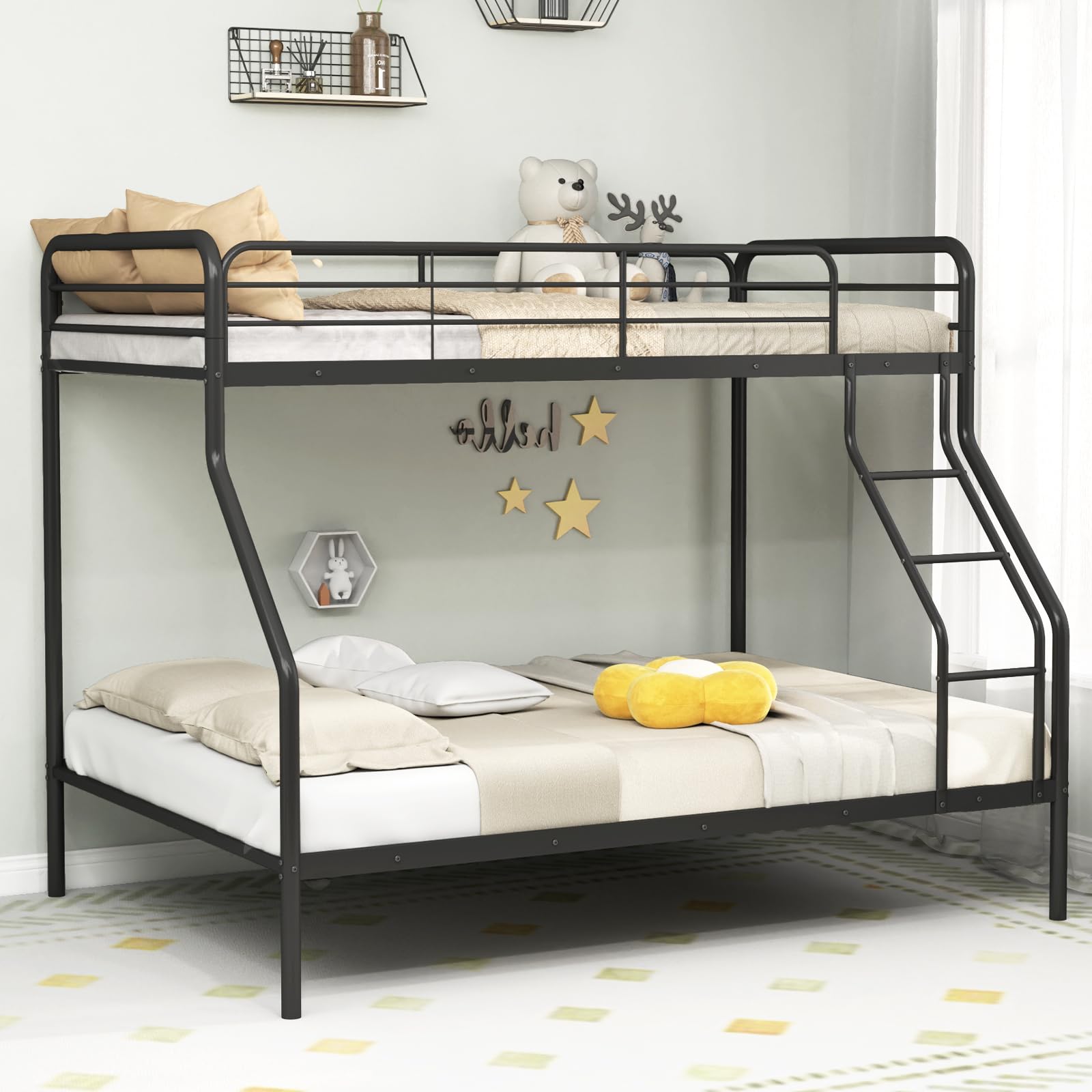 KOMFOTT Twin Over Full Metal Bunk Bed with Inclined Ladder, Safety Guardrail