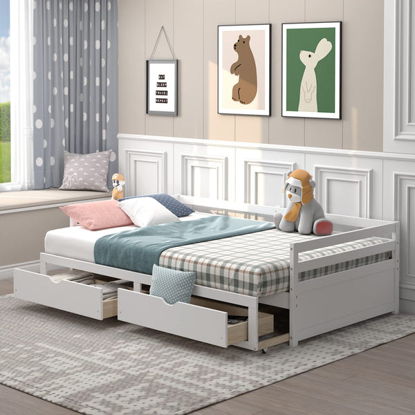 KOMFOTT Wood Daybed with Trundle, Extendable Twin to King Daybed Frame with 2 Storage Drawers