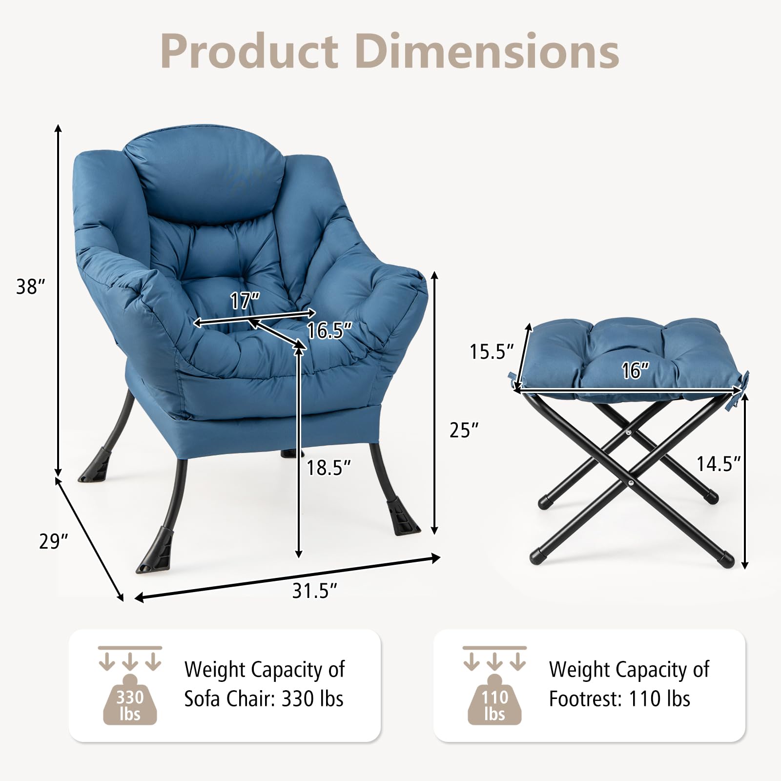 KOMFOTT Lazy Sofa Chair with Ottoman, Leisure Upholstered Reading Chair with Armrests & Side Pocket