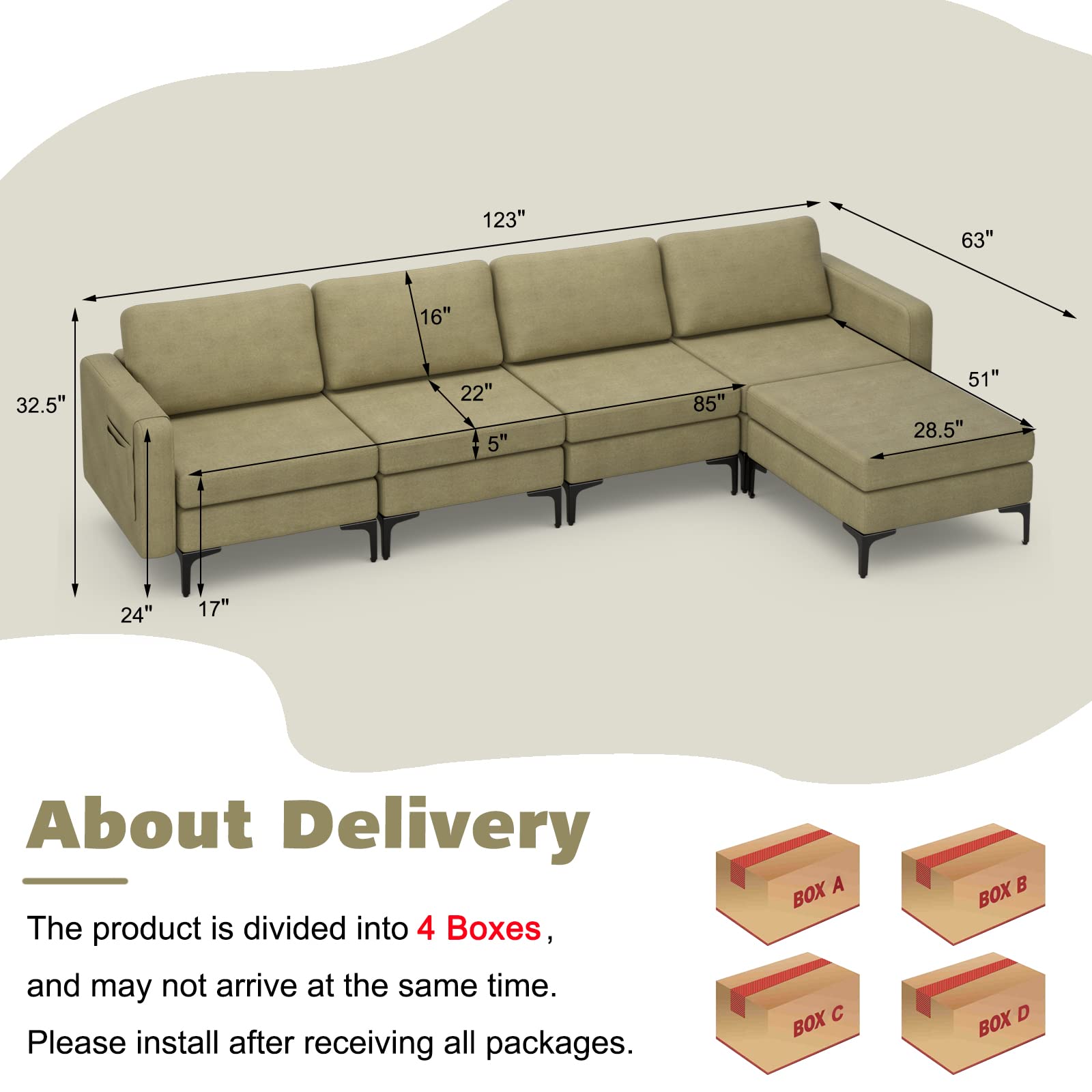 KOMFOTT 4 Seat Convertible L-Shaped Sofa Couch, 123 Inch Sectional Sleeper with 2 USB Ports Socket