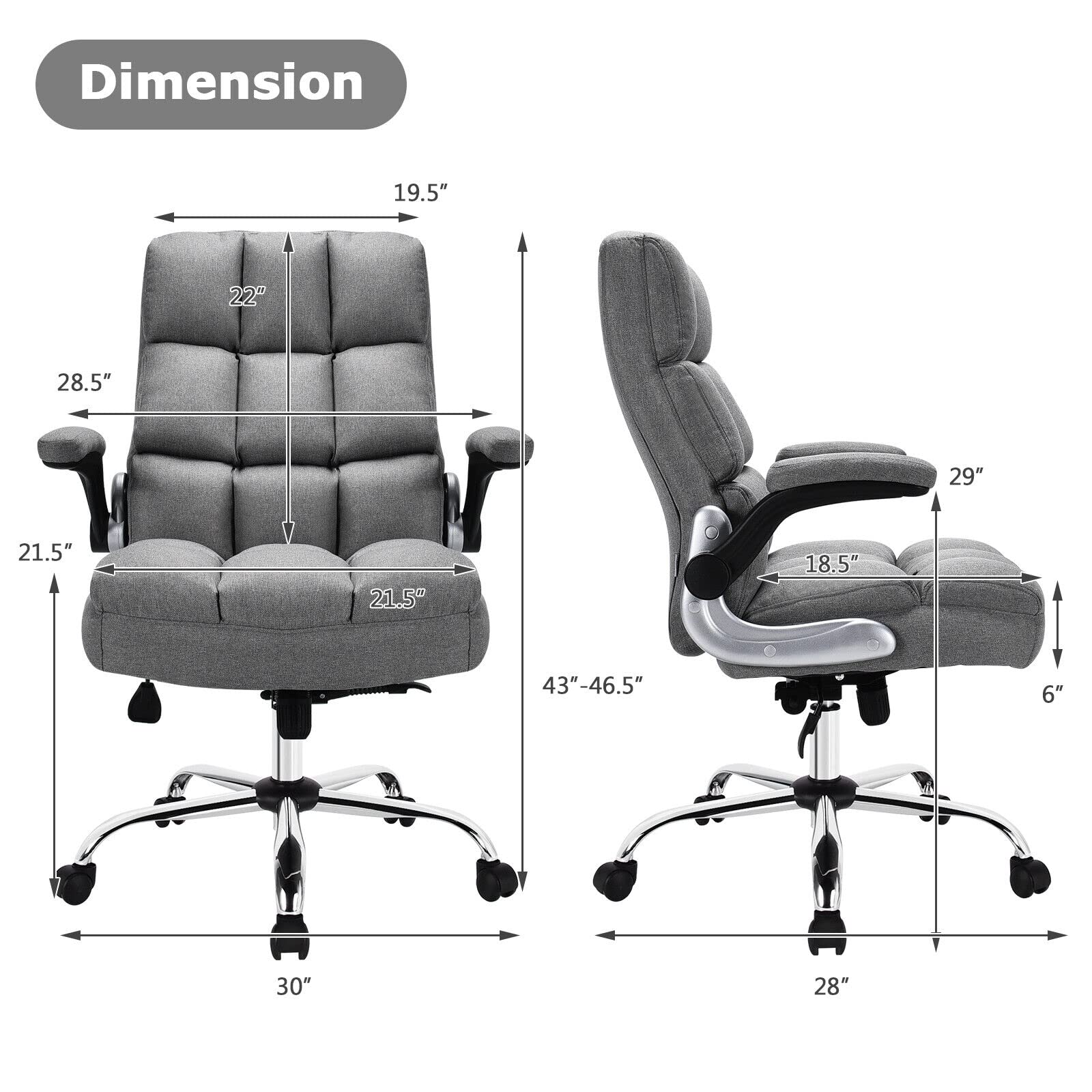 KOMFOTT Executive Office Chair, Adjustable Tilt Angle and Flip-up Armrest Linen Fabric Upholstered Chair with Thick Padding