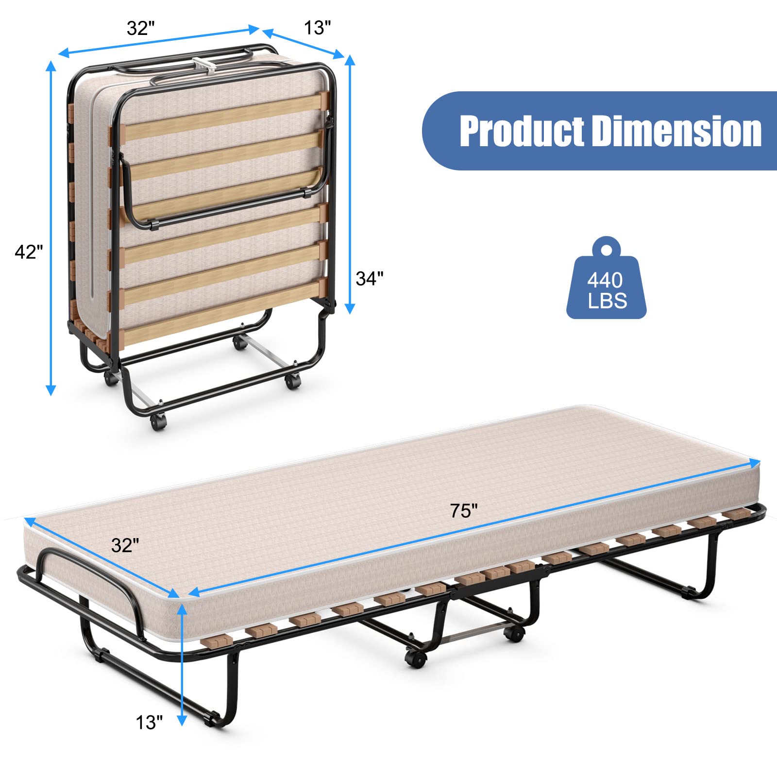 KOMFOTT Portable Folding Rollaway Bed with Steel Frame & Memory Foam Mattress