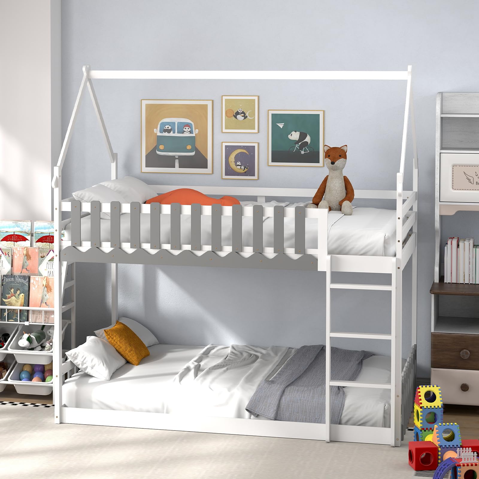 KOMFOTT Wood Twin Over Twin House Bunk Bed, Solid Wood Low Bunk Bed with Ladder, Safety Guardrails & Fences