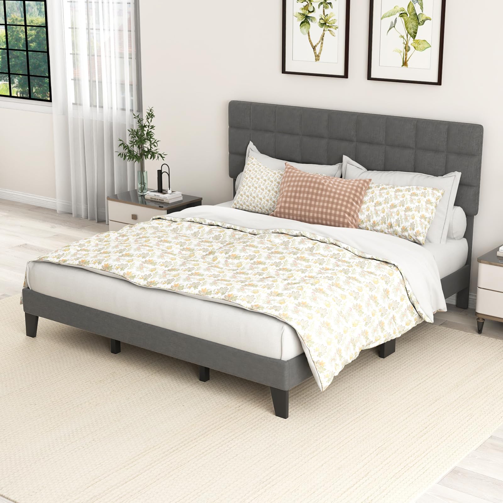 KOMFOTT Linen Fabric Upholstered Bed Frame with Adjustable Headboard & Wooden Slat Support