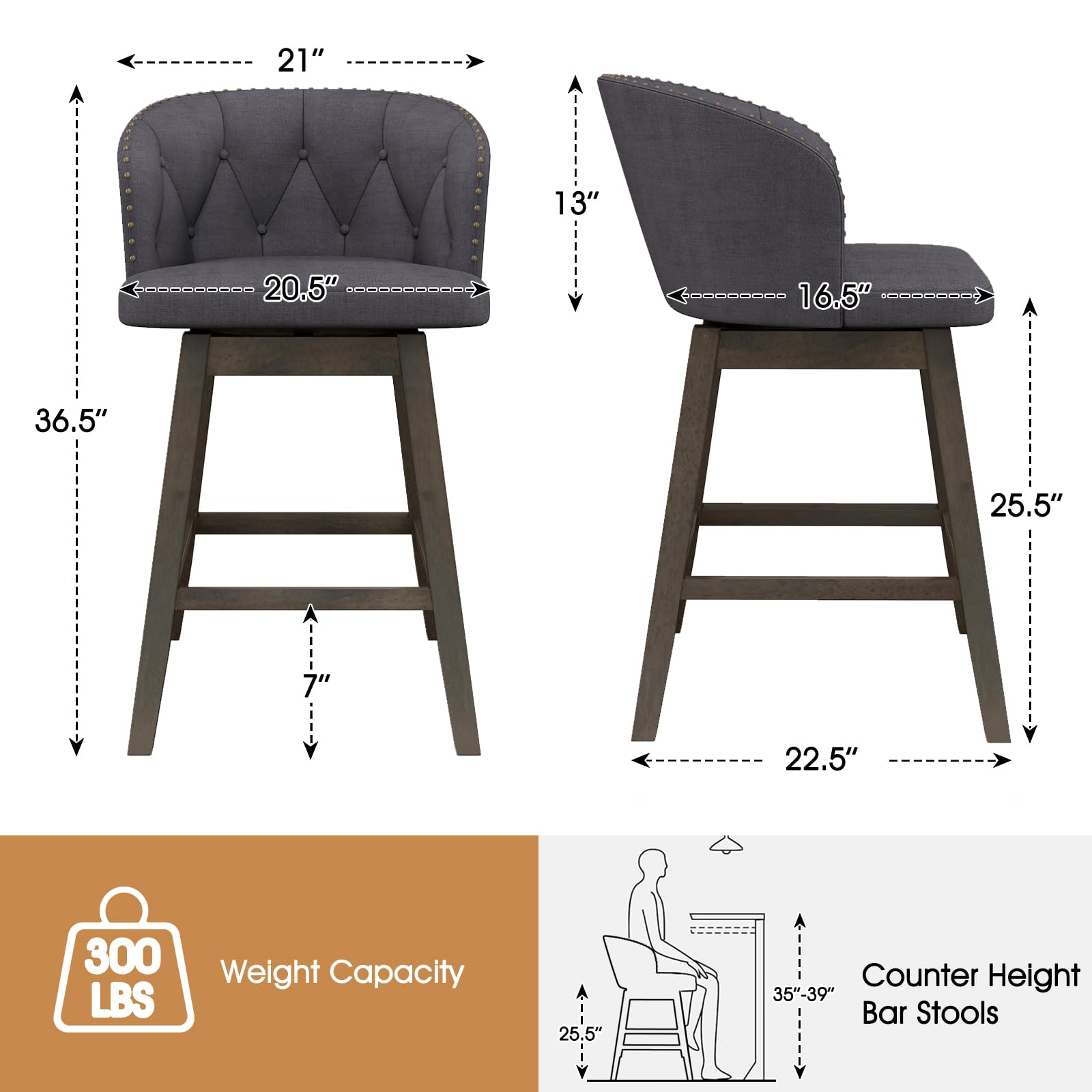 KOMFOTT Counter Height Bar Stools Set of 2/4, Fabric Upholstered Island Stools with 360° Swivel Seat & Button-Tufted Back