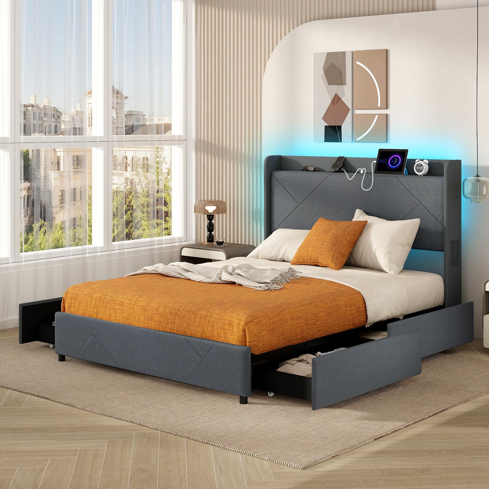 KOMFOTT Upholstered Bed Frame with 4 Storage Drawers & LED Lights, Wingback Headboard & Charging Station