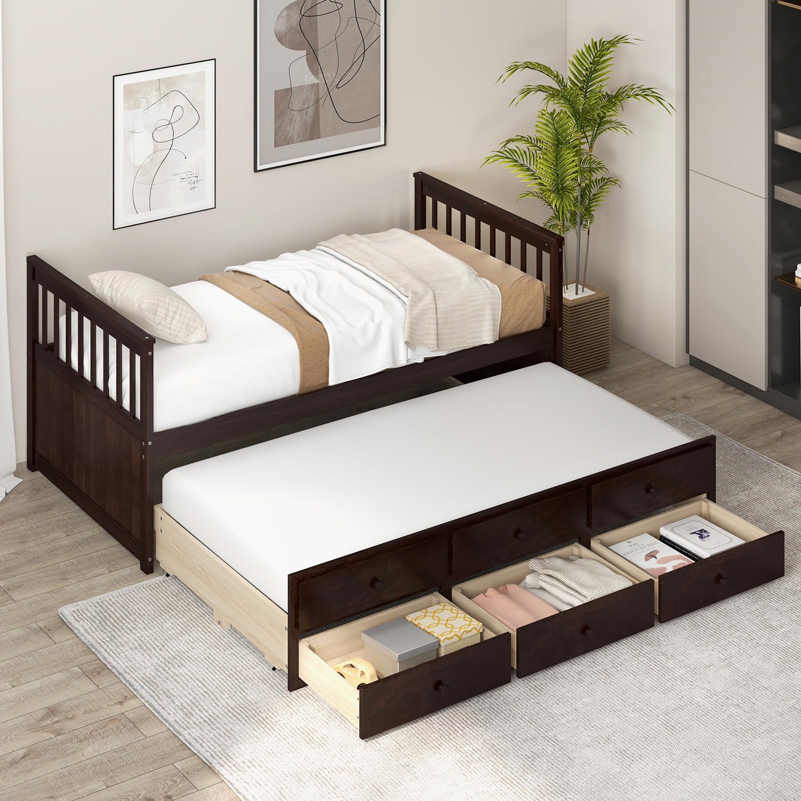 KOMFOTT Twin Size Wooden Captain Daybed with Drawers and Trundle Bed