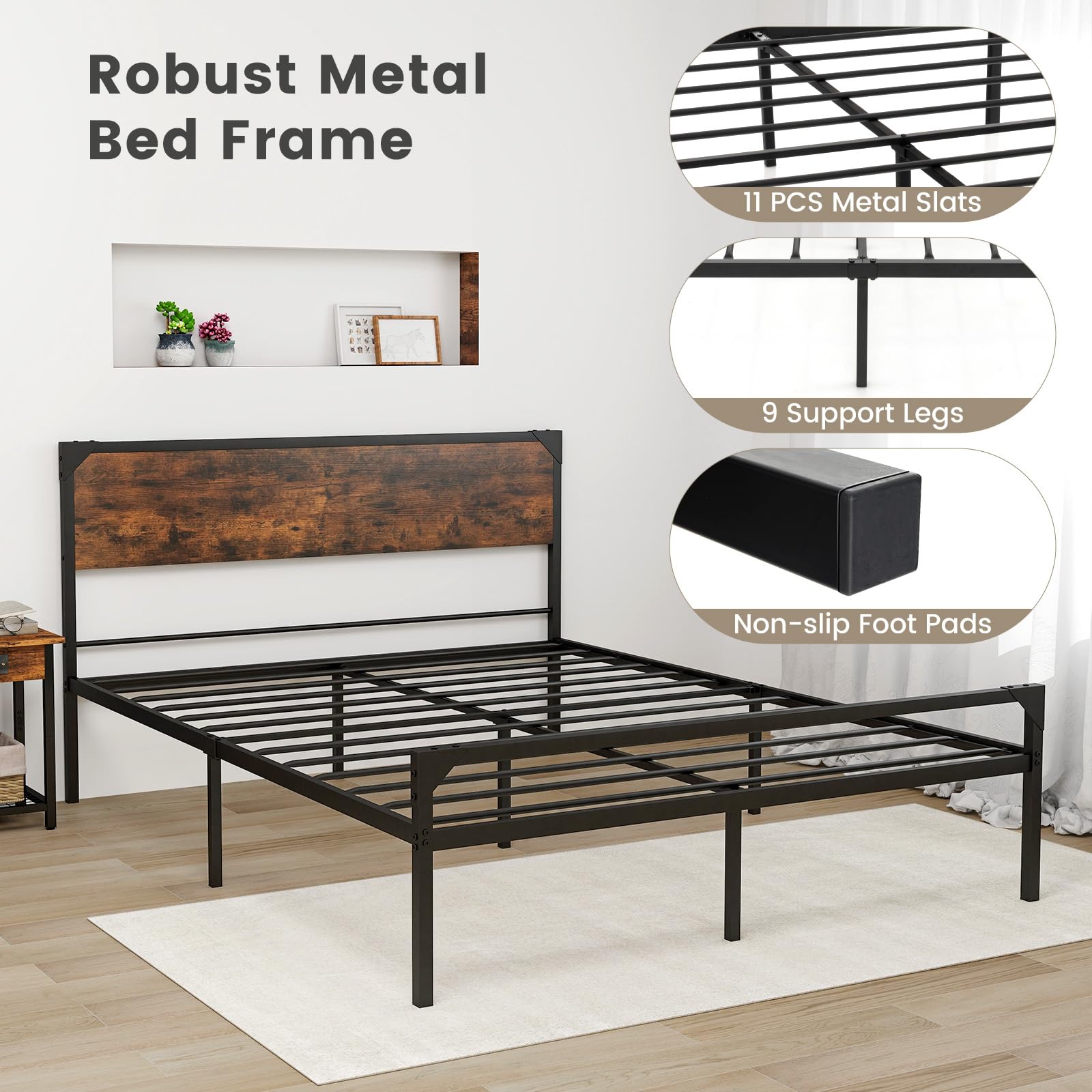 KOMFOTT Full/ Queen Size Metal Bed Frame with Wood Headboard