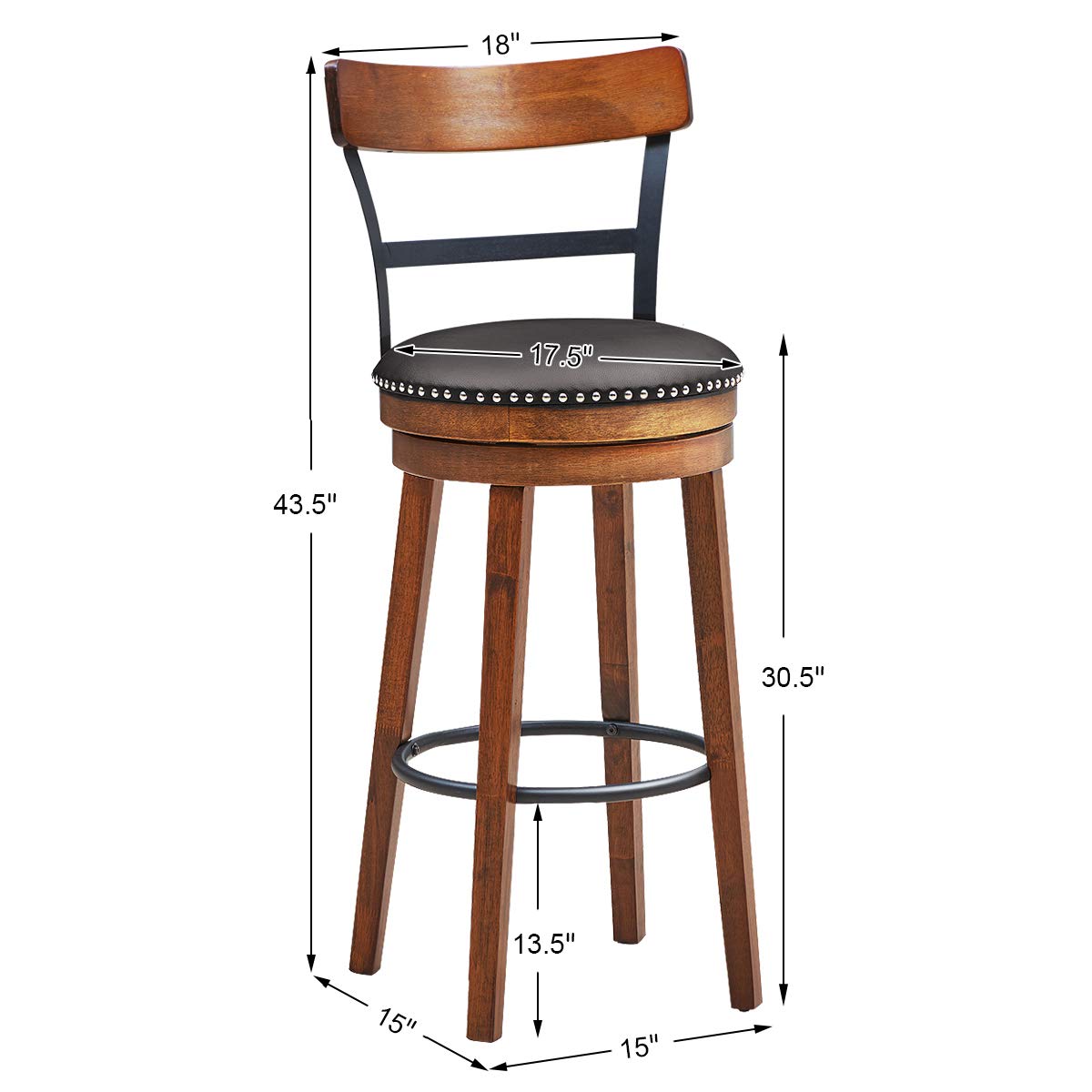 KOMFOTT Bar Stools Set of 1/2/4, 360-Degree Swivel Stools with Leather Padded Seat, Single Slat Ladder Back & Solid Rubber Wood Legs