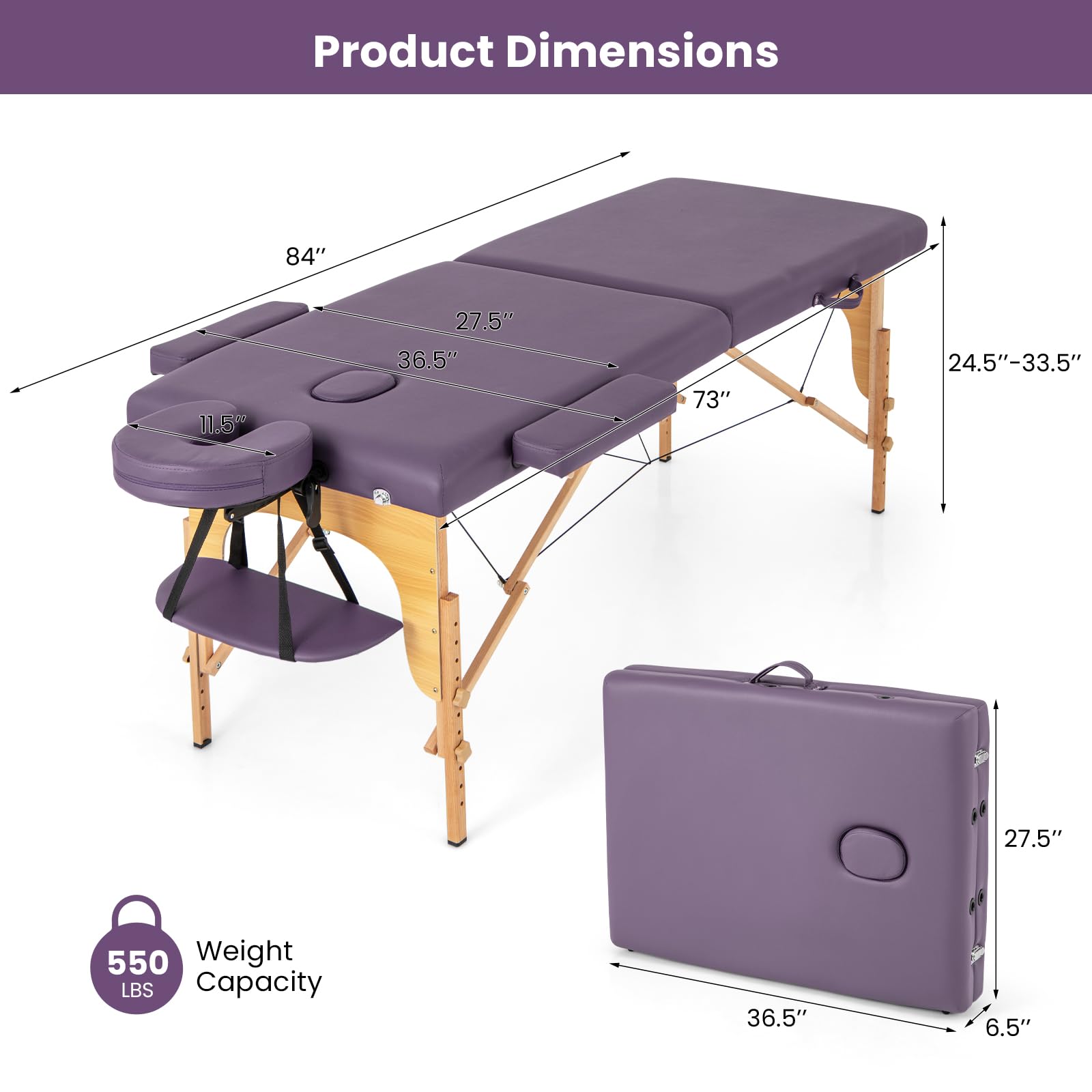 KOMFOTT Portable Massage Bed w/Carrying Case, 2-Section Salon Spa Facial Care Tattoo Bed, Height Adjustable