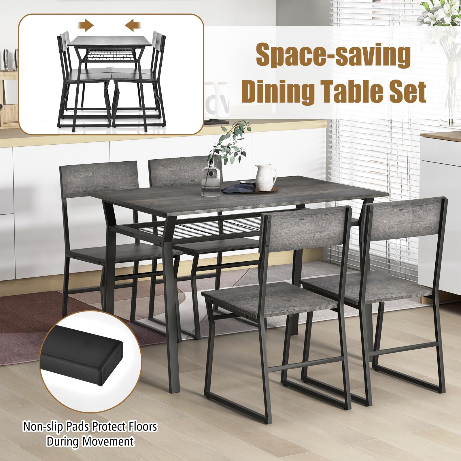 KOMFOTT Dining Table Set for 4, 47”L x 28”W Rectangular Kitchen Table w/ 4 Trapezoid Chairs, Reinforced Metal Frame & Storage Rack