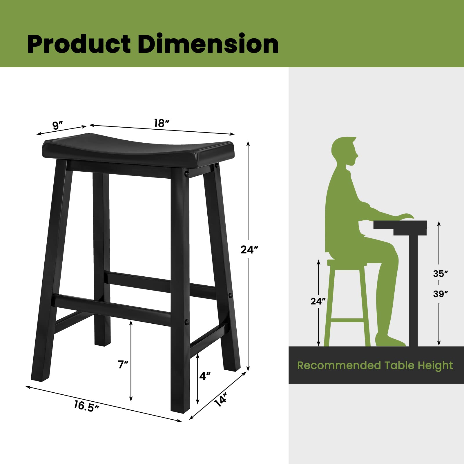 KOMFOTT Saddle Stools Set of 2/4, 24-inch Counter Height Barstools with Solid Wood Legs & Footrests