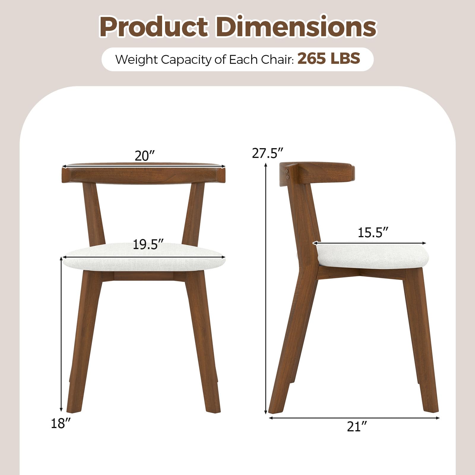 KOMFOTT Wooden Dining Chairs Set of 2, Farmhouse Hanging Kitchen Chairs w/Rubber Wood Frame, Padded Seat, Curve Back