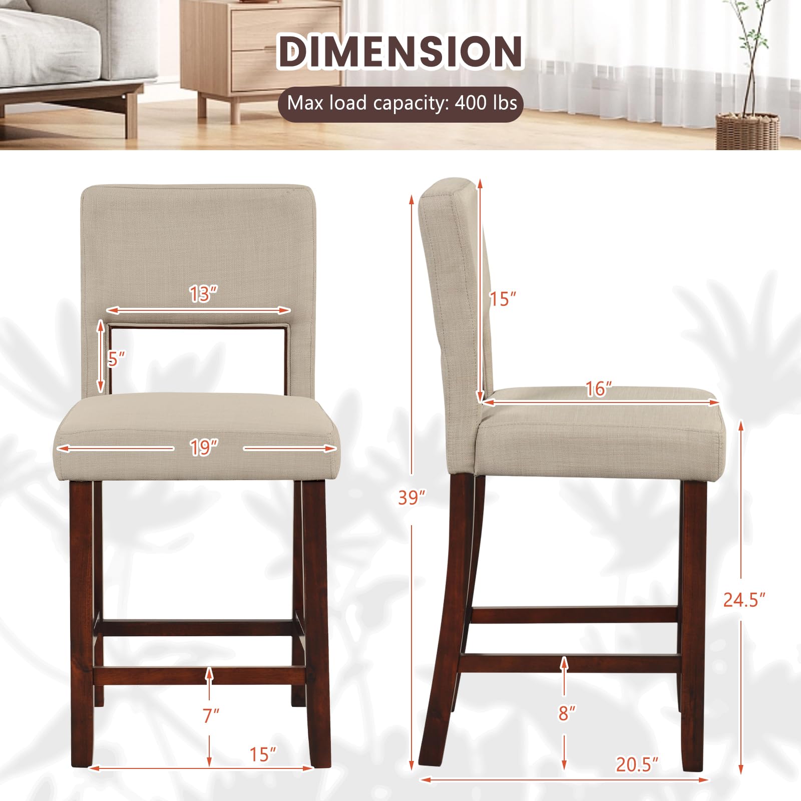 KOMFOTT 24.5" Counter Height Bar Stools Set of 2, Linen Barstools with Back, Rubber Wood Legs