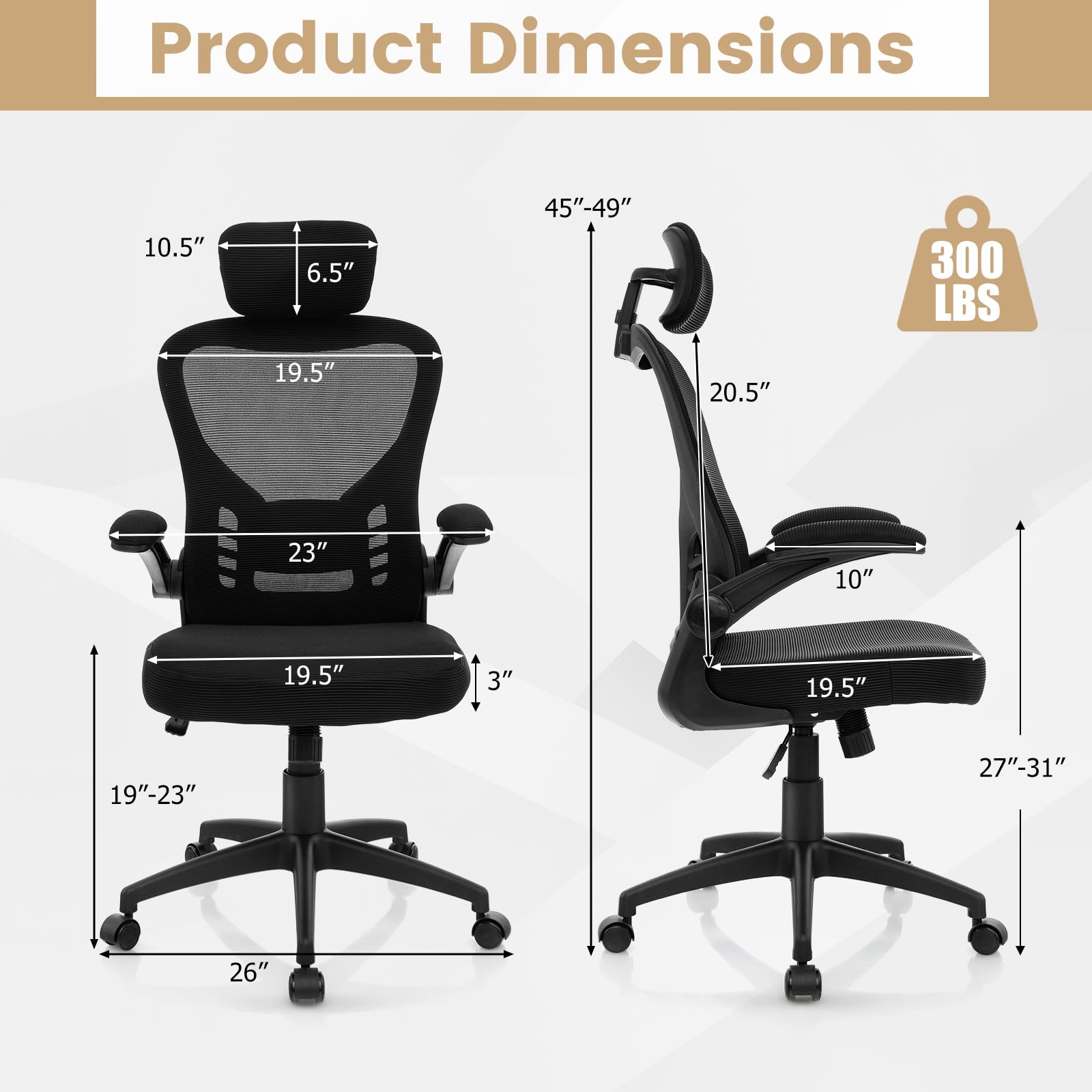 KOMFOTT Ergonomic Mesh Office Chair, Home Office Desk Chair with Adjustable Headrest and Lumbar Support