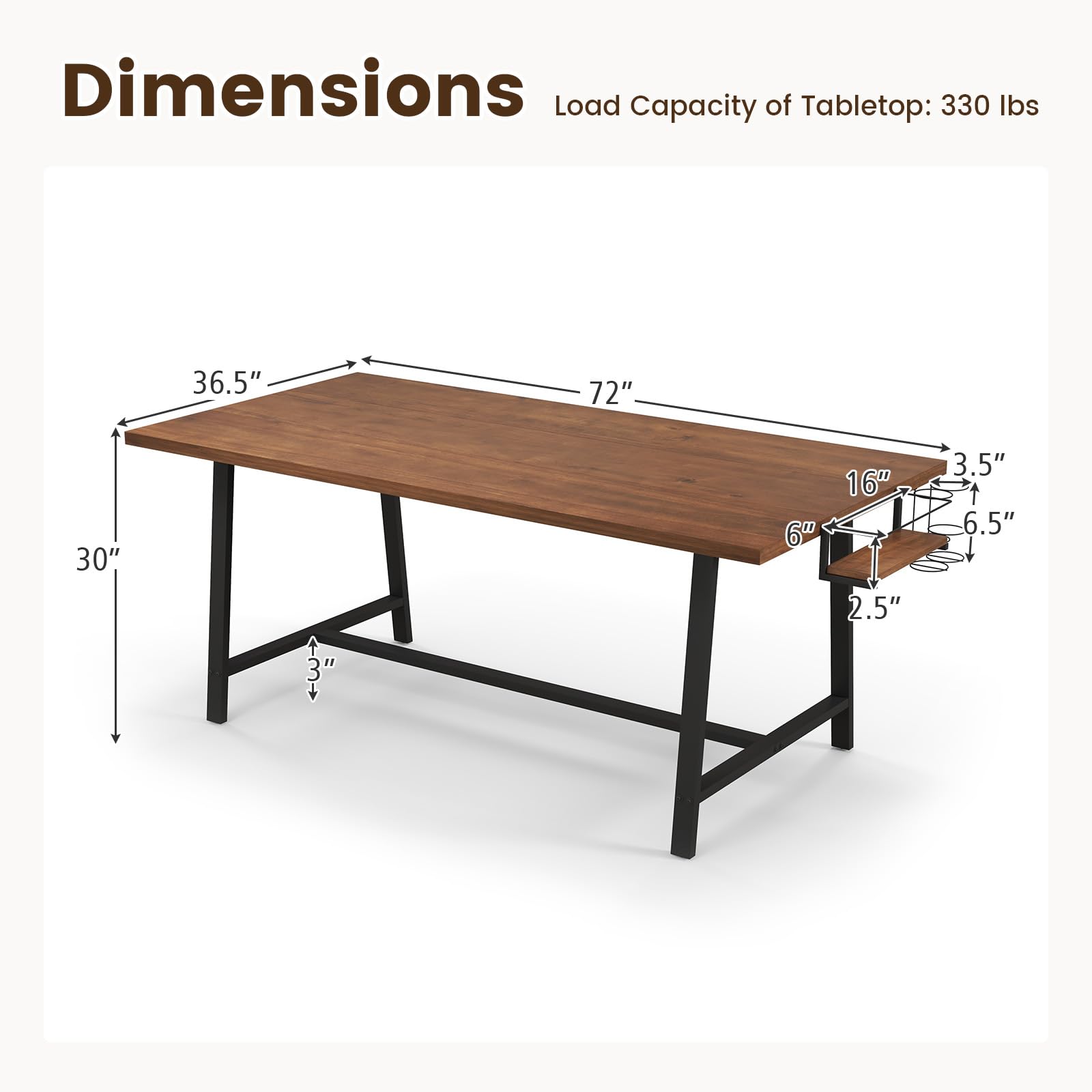 KOMFOTT 72-Inch Dining Table for 5-7, Rectangular Kitchen Table with 2-Bottle Wine Rack, Condiment Holder & Metal Footrest