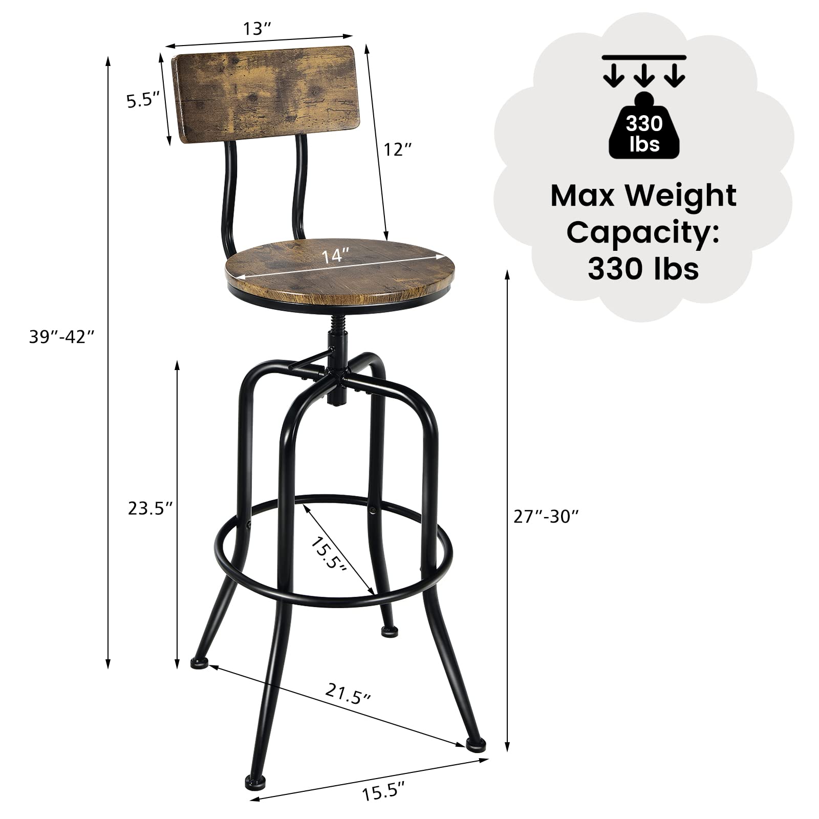 KOMFOTT Bar Stools Set of 2/4, Industrial Counter Height Bar Chairs with Height Adjustable Seat, Arc-shaped Backrest & Footrest