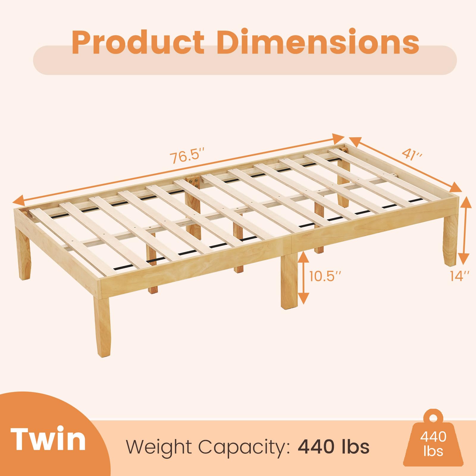 KOMFOTT Wood Platform Bed Frame, 14 Inches Wooden Mattress Foundation with Solid Rubber Wood Legs