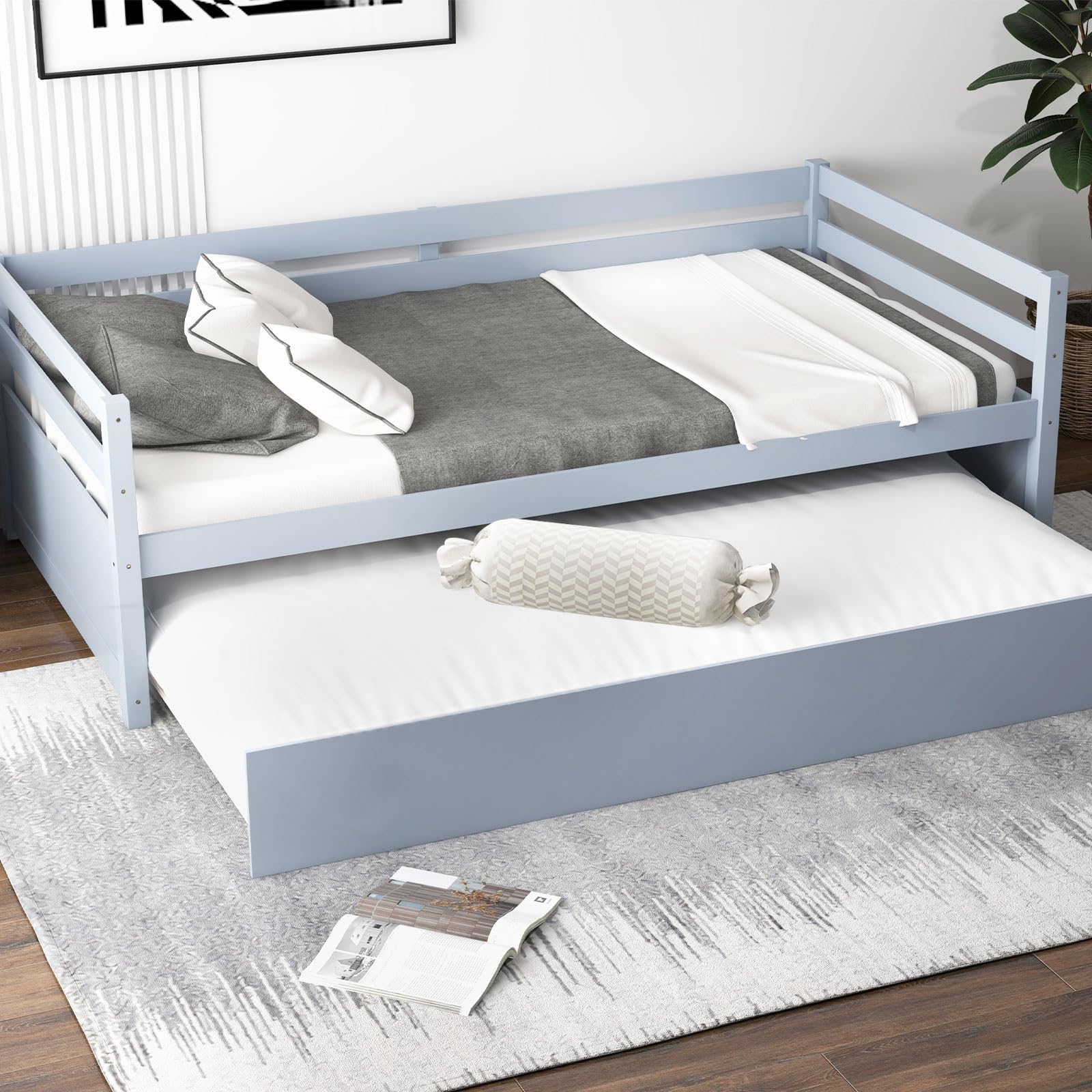 KOMFOTT Twin Daybed with Trundle, Wood Trundle Bed with Wood Slat Support