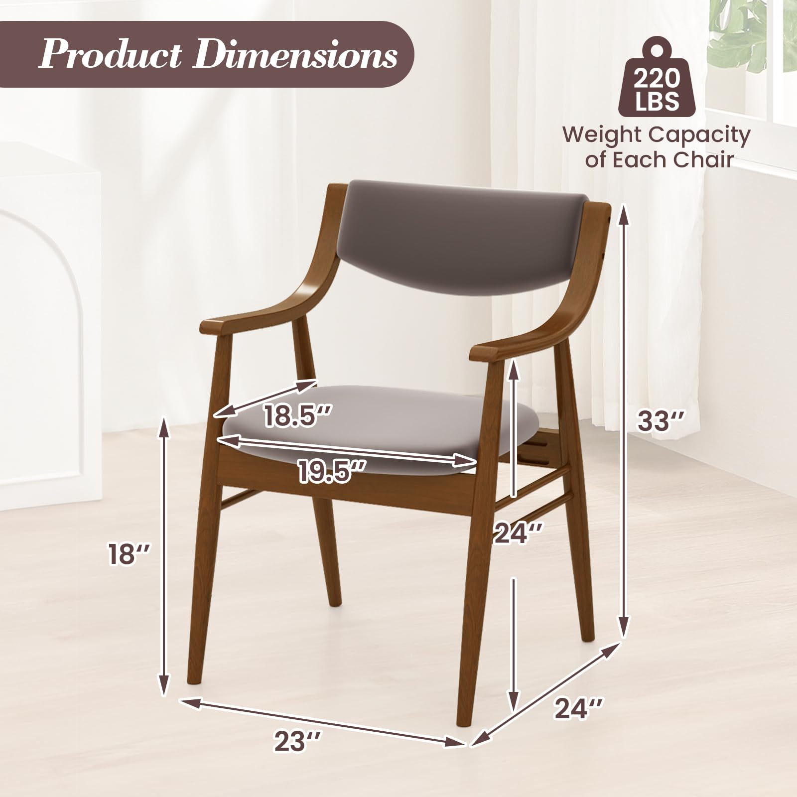 KOMFOTT Wooden Dining Chairs Set of 2/4, PU Leather Upholstered Kitchen Chairs w/Padded Seat & Back, Rubber Wood Frame