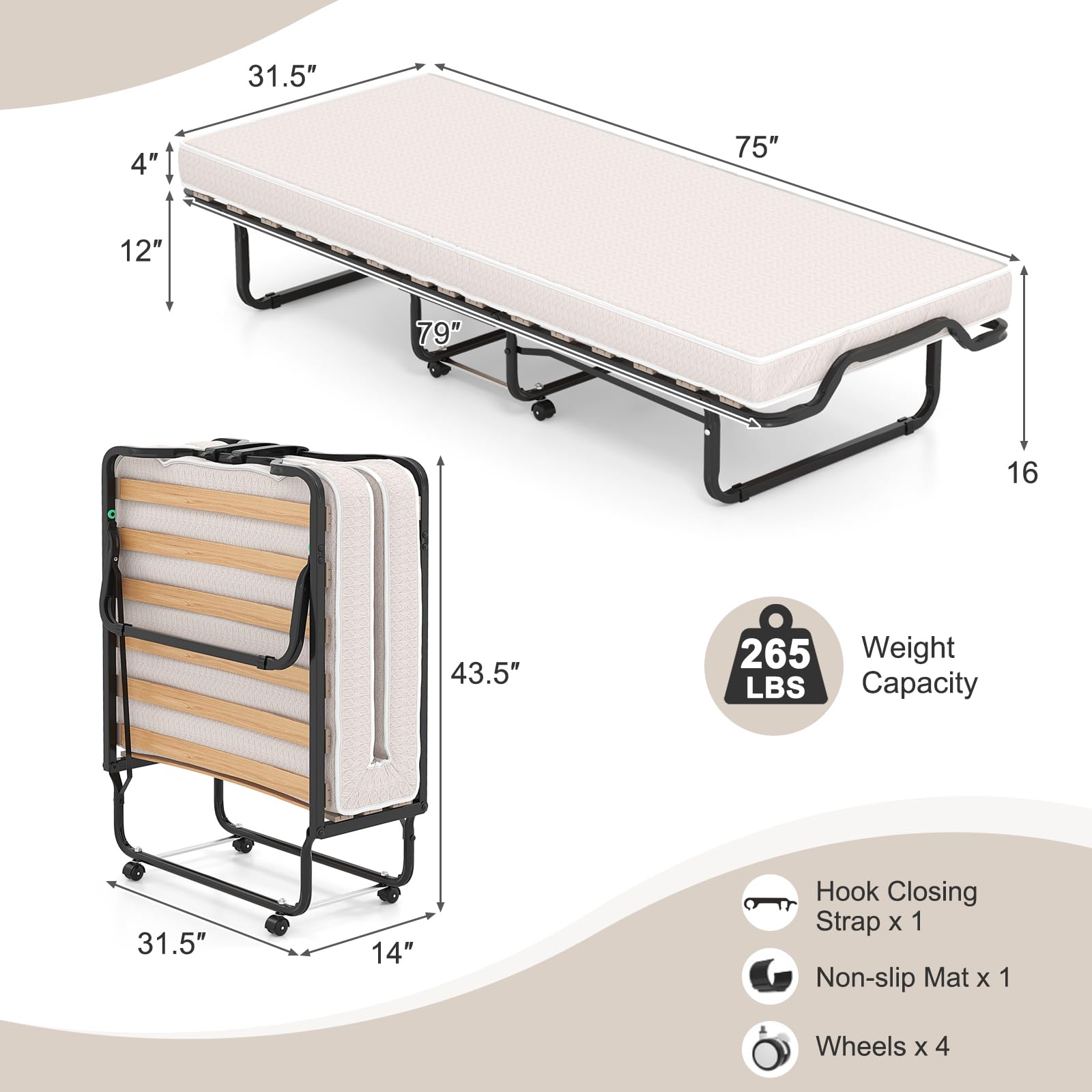 KOMFOTT Twin Size Folding Bed Frame with Mattress (2" or 4")