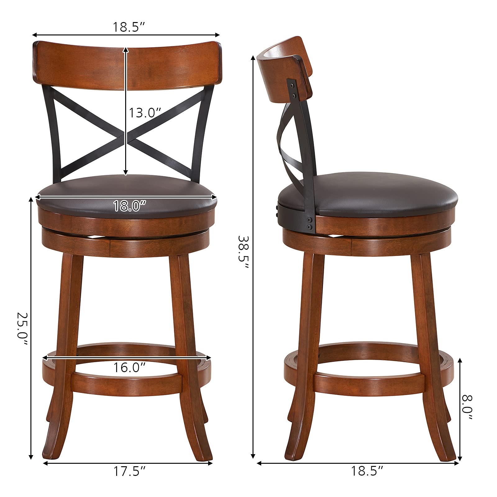 KOMFOTT Bar Stool Set of 2/4, 360-Degree Swivel Solid Wood Stools with Soft Cushion & Backrest